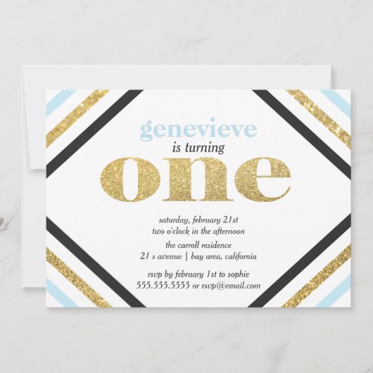 Gold Glitter First Birthday Invitation Kaart (Voorkant)