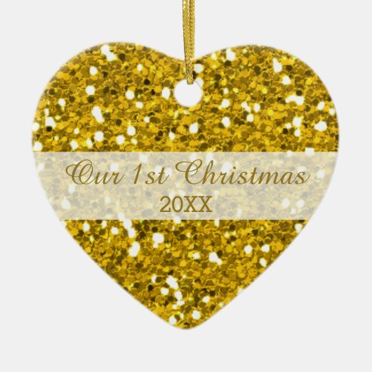 Gold Glitter First Kerstfeestfoto Keramisch Ornament (Voorkant)