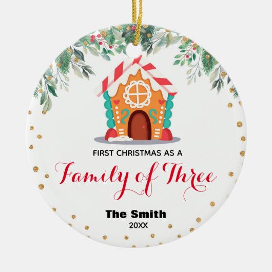 Gold Glitter First Kerstmis als familie van drie Keramisch Ornament (Voorkant)