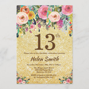 Gold Glitter Floral 13th Birthday Invitation Kaart