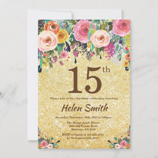 Gold Glitter Floral 15e verjaardag uitnodiging (Voorkant)