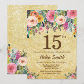 Gold Glitter Floral 15e verjaardag uitnodiging (Voorkant / Achterkant)
