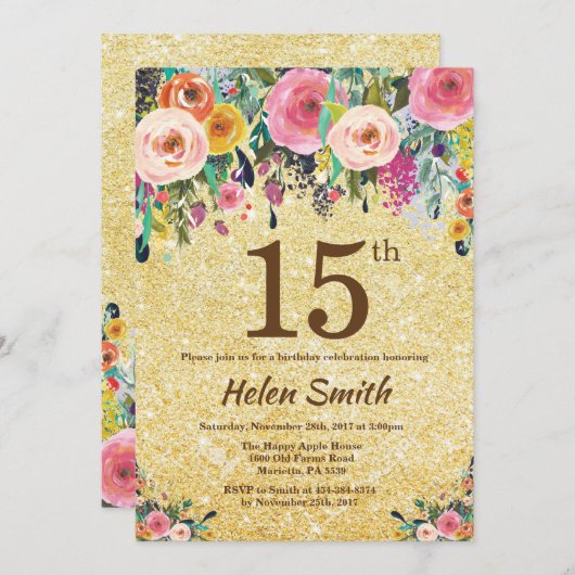 Gold Glitter Floral 15e verjaardag uitnodiging (Voorkant / Achterkant)