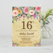 Gold Glitter Floral 16e verjaardag Uitnodiging (Staand voorkant)