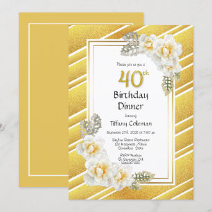 Gold Glitter Floral 40th Birthday Dinner Party Kaart