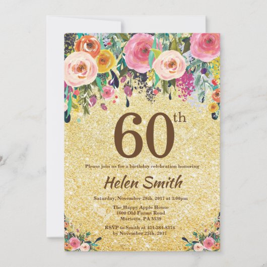 Gold Glitter Floral 60th Birthday Invitation Kaart (Voorkant)