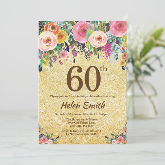 Gold Glitter Floral 60th Birthday Invitation Kaart (Staand voorkant)