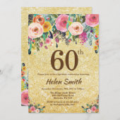Gold Glitter Floral 60th Birthday Invitation Kaart (Voorkant / Achterkant)