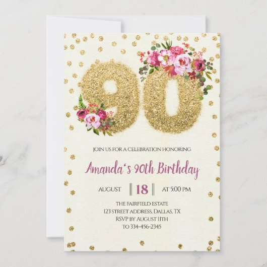 Gold Glitter Floral 90th Birthday Invitation Kaart (Voorkant)