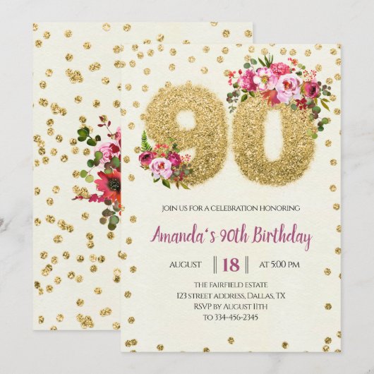 Gold Glitter Floral 90th Birthday Invitation Kaart (Voorkant / Achterkant)