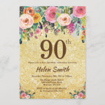 Gold Glitter Floral 90th Birthday Invitation Kaart<br><div class="desc">Gold Glitter Floral 90th Birthday Invitation for Women. Waterverf Floral Flower. Gold Glitter Background Roze, geel, Oranje, Paars ventilator. Volwassen verjaardag. 13e 15e 16e 18e 21e 30e 40e 50e 60e 70e 90e 100e, Alle leeftijden. Voor verdere aanpassing, te klikken gelieve de knoop "van de Aanpassing het"en ons ontwerphulpmiddel te gebruiken...</div>