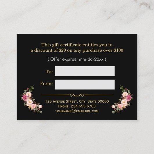 Gold Glitter Floral Beauty Salon Cadeaubon Kortingskaartje (Achterkant)