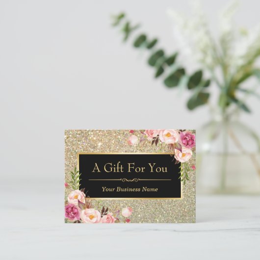 Gold Glitter Floral Beauty Salon Cadeaubon Kortingskaartje (Staand voorkant)
