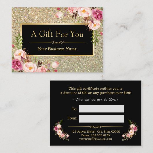 Gold Glitter Floral Beauty Salon Cadeaubon Kortingskaartje (Voorkant / Achterkant)