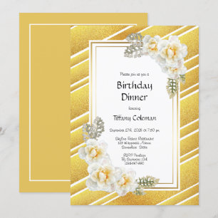 Gold Glitter Floral Birthday Dinner Party Kaart