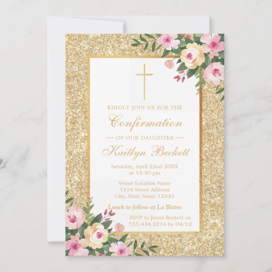 Gold Glitter Floral Confirmation of 1st Community Kaart (Voorkant)