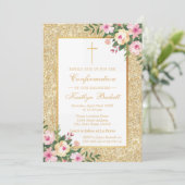 Gold Glitter Floral Confirmation of 1st Community Kaart (Staand voorkant)