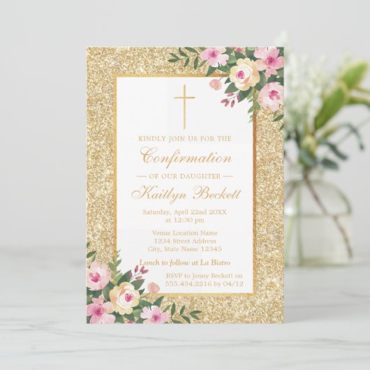 Gold Glitter Floral Confirmation of 1st Community Kaart (Staand voorkant)