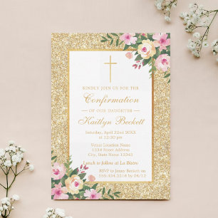 Gold Glitter Floral Confirmation of 1st Community Kaart