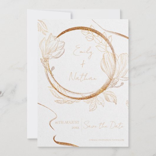 Gold Glitter Floral Elegant Wedding Save the Date Kaart (Voorkant)