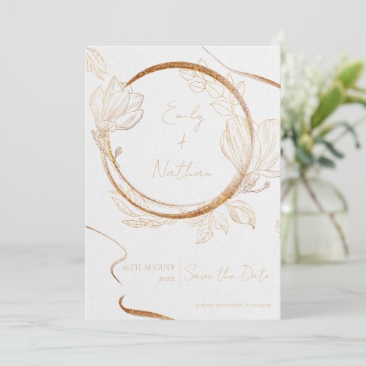 Gold Glitter Floral Elegant Wedding Save the Date Kaart (Staand voorkant)