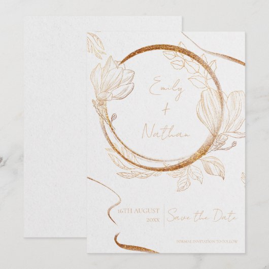 Gold Glitter Floral Elegant Wedding Save the Date Kaart (Voorkant / Achterkant)