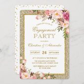Gold Glitter Floral Engagement Party Uitnodiging (Voorkant / Achterkant)