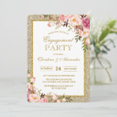 Gold Glitter Floral Engagement Party Uitnodiging (Staand voorkant)