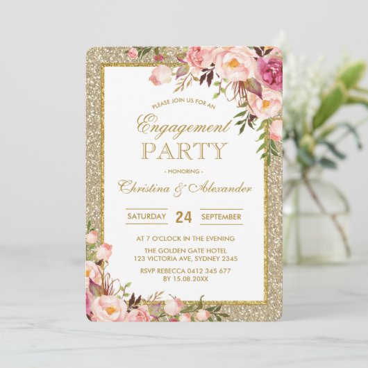 Gold Glitter Floral Engagement Party Uitnodiging (Staand voorkant)