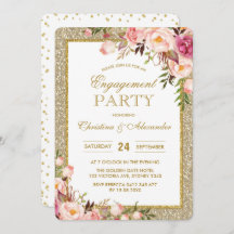 Gold Glitter Floral Engagement Party Uitnodiging