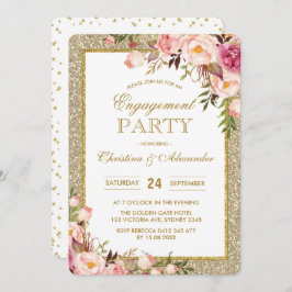 Gold Glitter Floral Engagement Party Uitnodiging