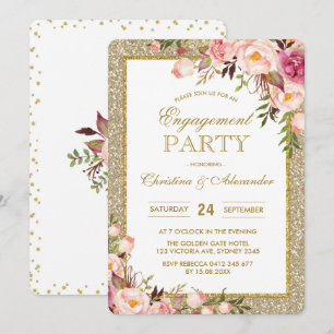 Gold Glitter Floral Engagement Party Uitnodiging