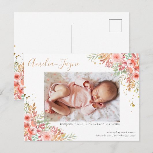 Gold Glitter Floral Foto Girl Birth Announance Briefkaart (Voorkant / Achterkant)