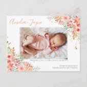 Gold Glitter Floral Foto Girl Birth Announance Briefkaart (Voorkant)