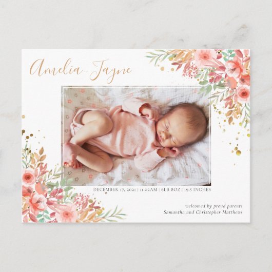 Gold Glitter Floral Foto Girl Birth Announance Briefkaart (Voorkant)