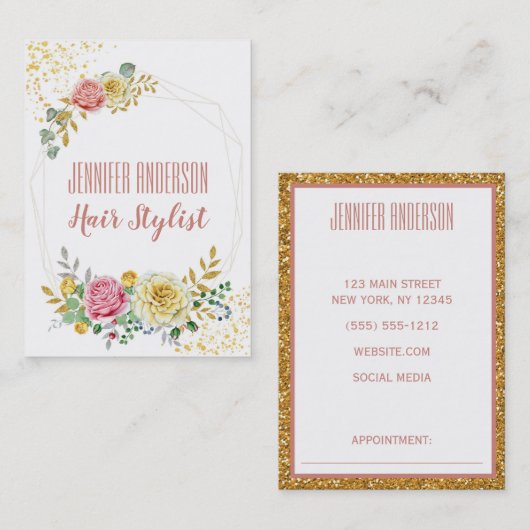 Gold Glitter Floral Geometric Beauty Appointment Afsprakenkaartje (Voorkant / Achterkant)