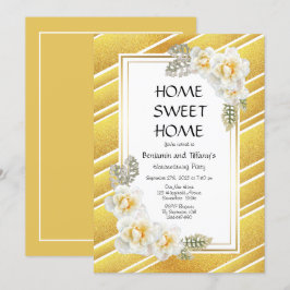 Gold Glitter Floral Housewarming Party Kaart