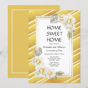 Gold Glitter Floral Housewarming Party Kaart