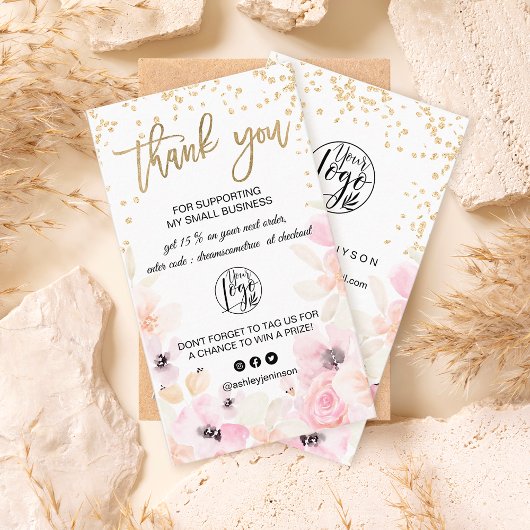 Gold glitter floral pastel logo bedankt visitekaartje