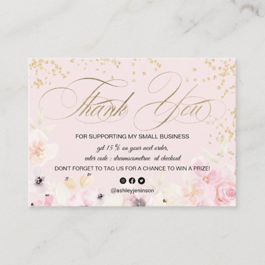 Gold glitter floral pastel logo script bedankt visitekaartje (Voorkant)
