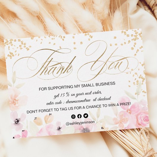 Gold glitter floral pastel logo script bedankt visitekaartje