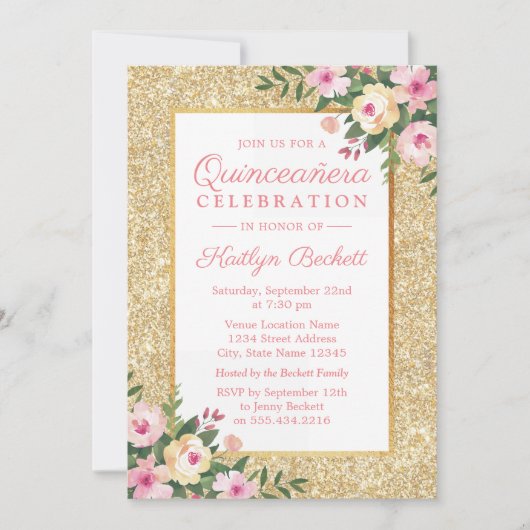 Gold Glitter Floral Quinceañera 15e verjaardag Kaart (Voorkant)