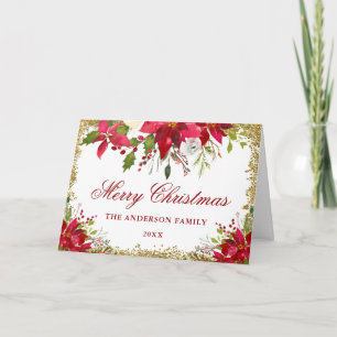 Gold Glitter Floral Red Poinsettia kerstmis Feestdagen Kaart