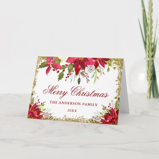 Gold Glitter Floral Red Poinsettia kerstmis Feestdagen Kaart (Voorkant)