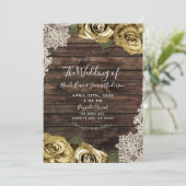Gold Glitter Floral Rozen Rustic Wood Cream Lace Kaart (Staand voorkant)