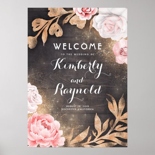 Gold Glitter Floral Rustic Wedding Welcome Sign Poster (Voorkant)