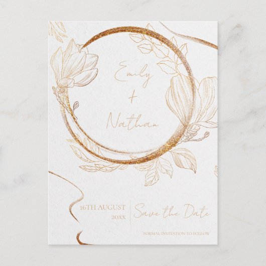 Gold Glitter Floral Script Weduwen sparen de Datum Briefkaart (Voorkant)
