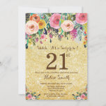 Gold Glitter Floral Surprise 21st Birthday Kaart<br><div class="desc">Gold Glitter Floral Surprise 21at Birthday Invitation for Women. Waterverf Floral Flower. Gold Glitter Background Roze, geel, Oranje, Paars ventilator. Volwassen verjaardag. 13e 15e 16e 18e 21e 30e 40e 50e 60e 70e 90e 100e, Alle leeftijden. Voor verdere aanpassing, te klikken gelieve de knoop "van de Aanpassing het"en ons ontwerphulpmiddel te...</div>