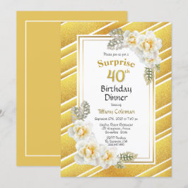 Gold Glitter Floral Surprise 40th Birthday Dinner Kaart