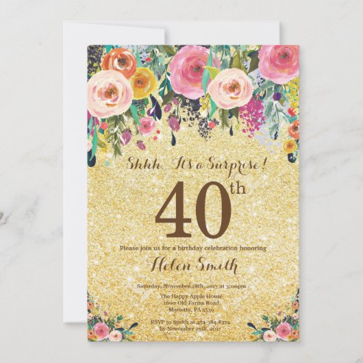 Gold Glitter Floral Surprise 40th Birthday Kaart (Voorkant)